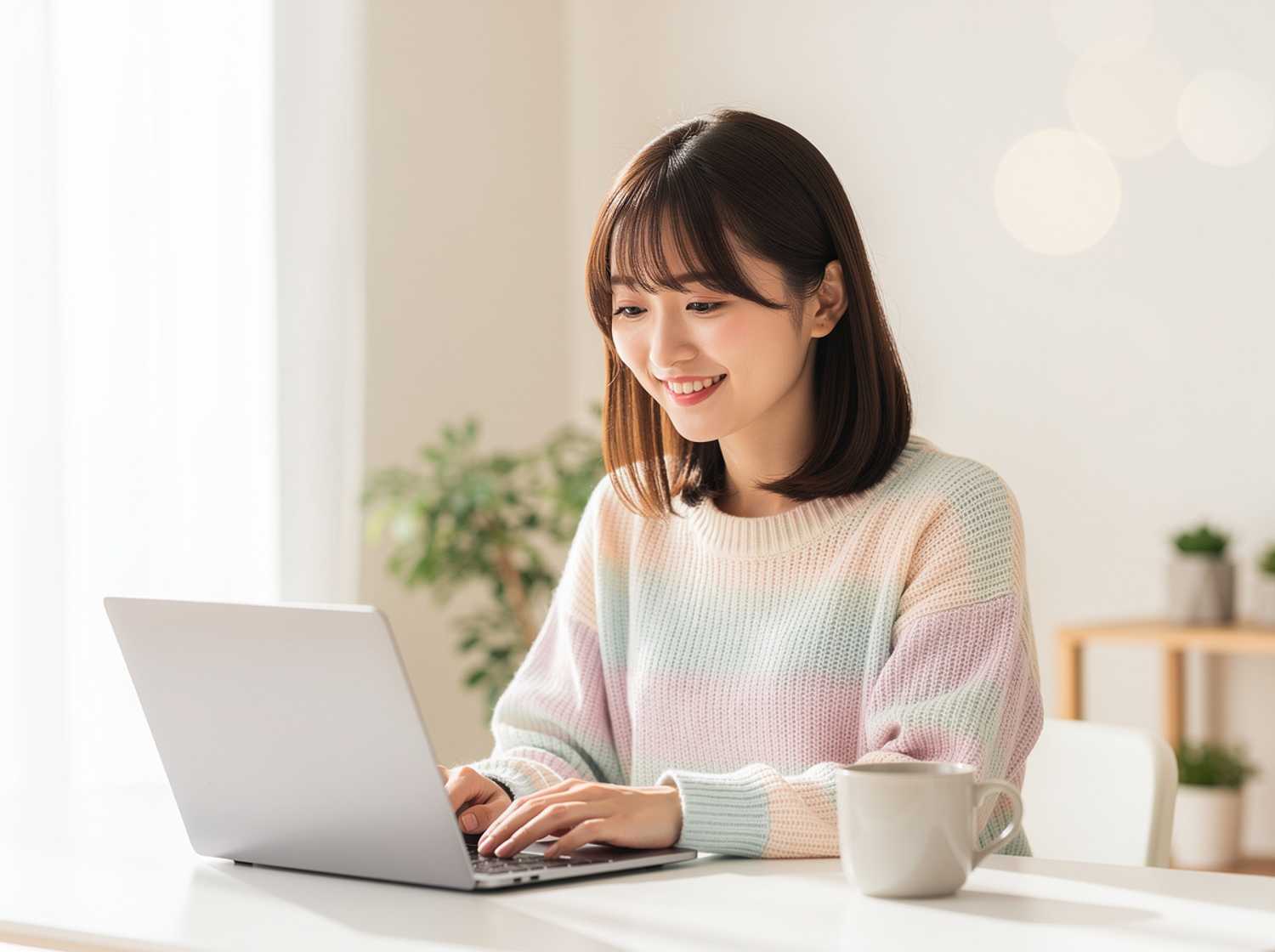 FLUXで「パソコンをする20代の日本人女性。明るいイメージ。」というプロンプトで出力した画像イメージ