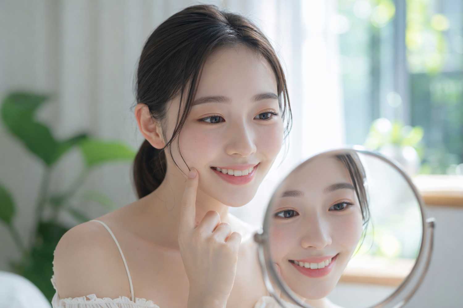 GPT Imageで「目線を手鏡にして」とプロンプトを入れて出力した画面。別人になっている