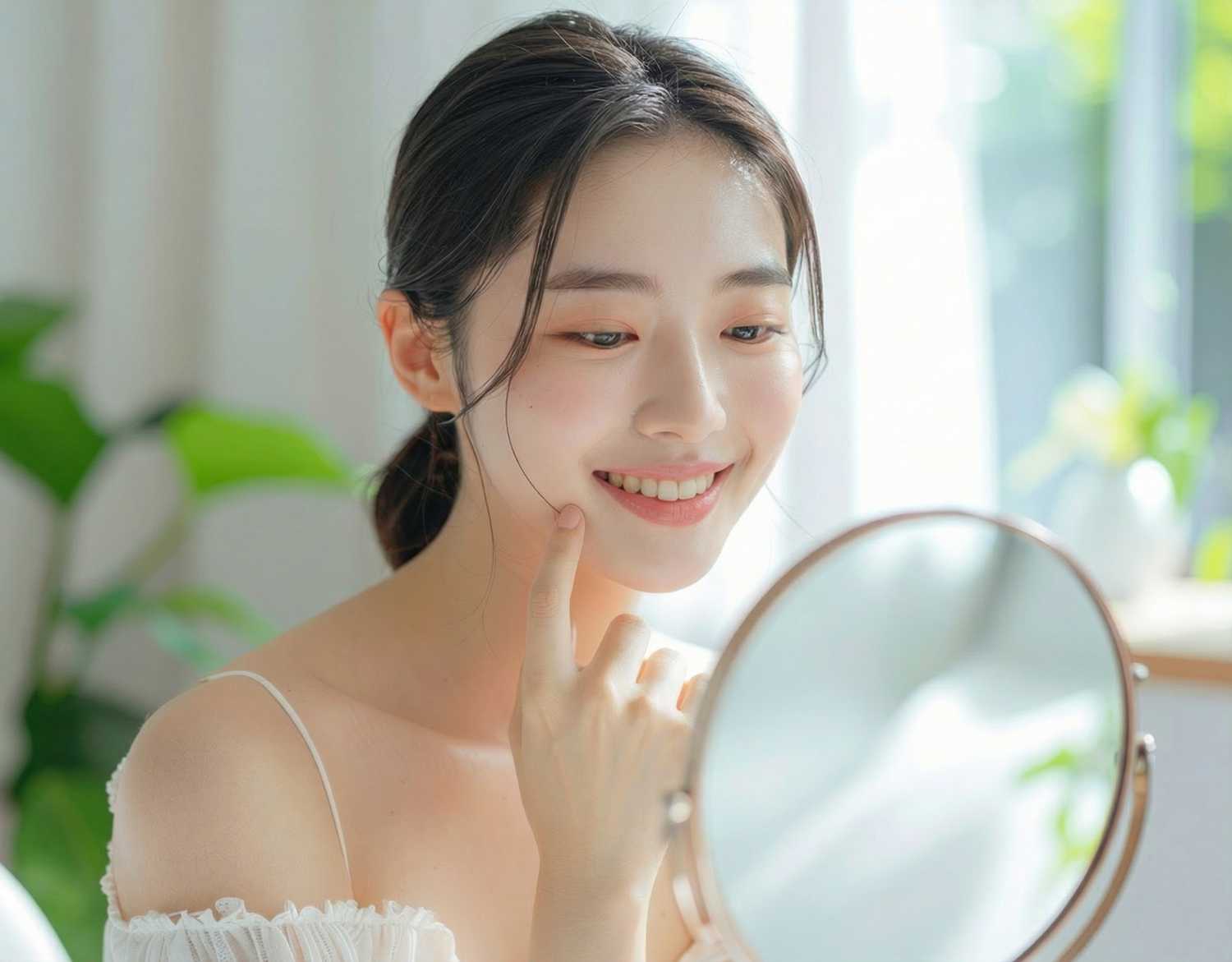 Nano Banana Proで「目線を手鏡にして」とプロンプトを入れて出力した画面。大体いい感じの画像