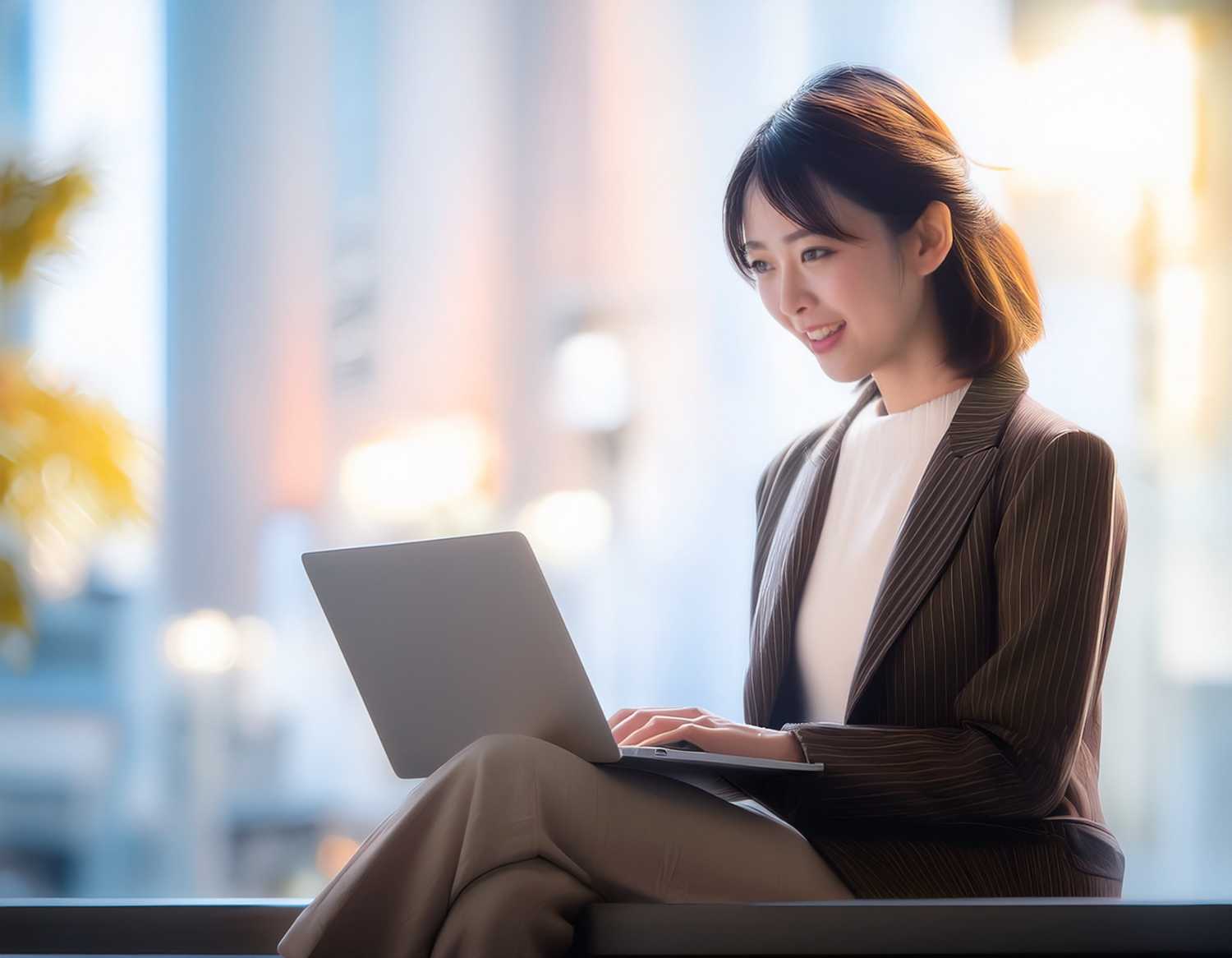 Image3で「パソコンをする20代の日本人女性。明るいイメージ。」というプロンプトで出力した画像イメージ