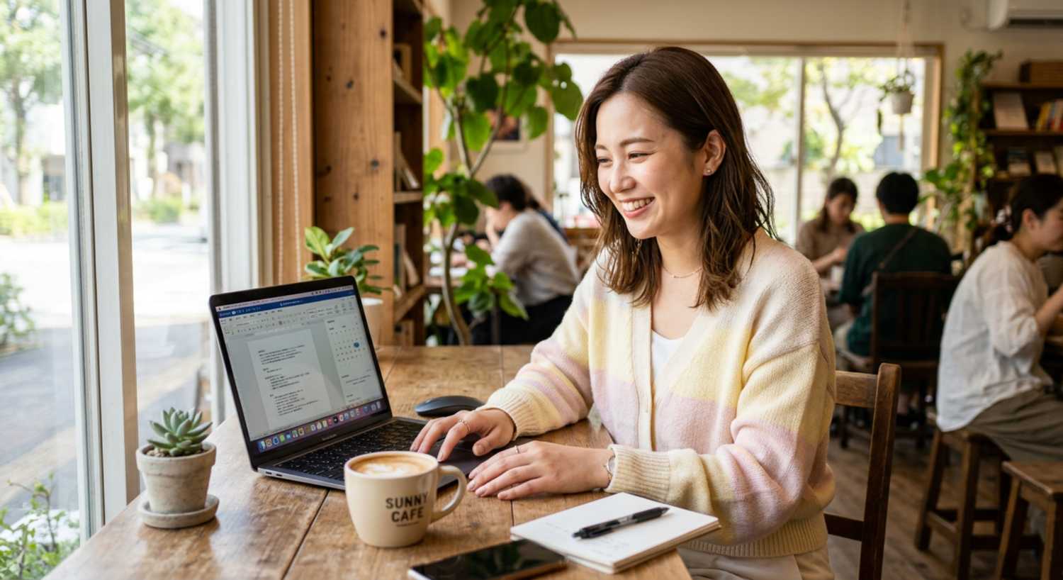 GPT Imageで「パソコンをする20代の日本人女性。明るいイメージ。」というプロンプトで出力した画像イメージ