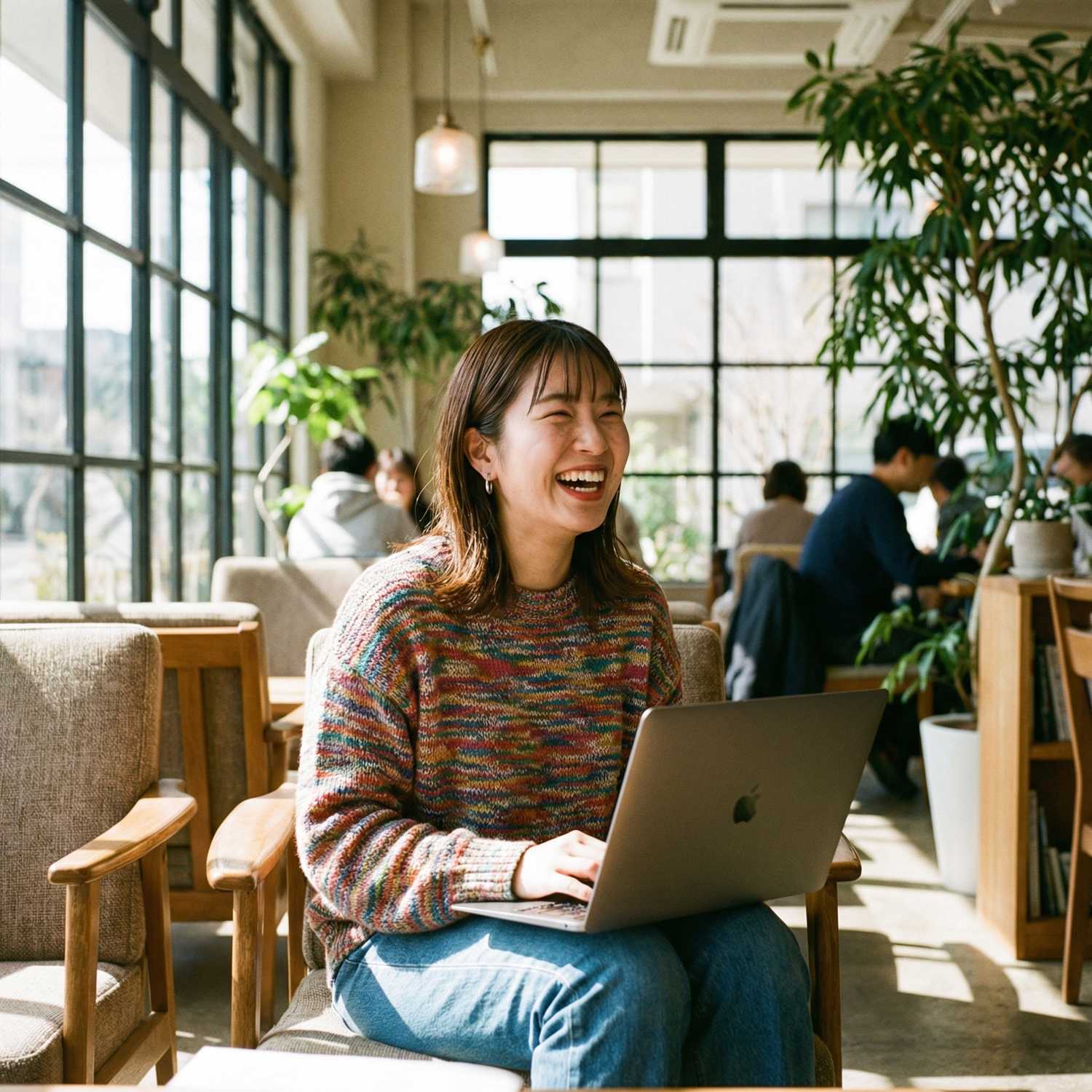 Nano Banana Proで「パソコンをする20代の日本人女性。明るいイメージ。」というプロンプトで出力した画像イメージ