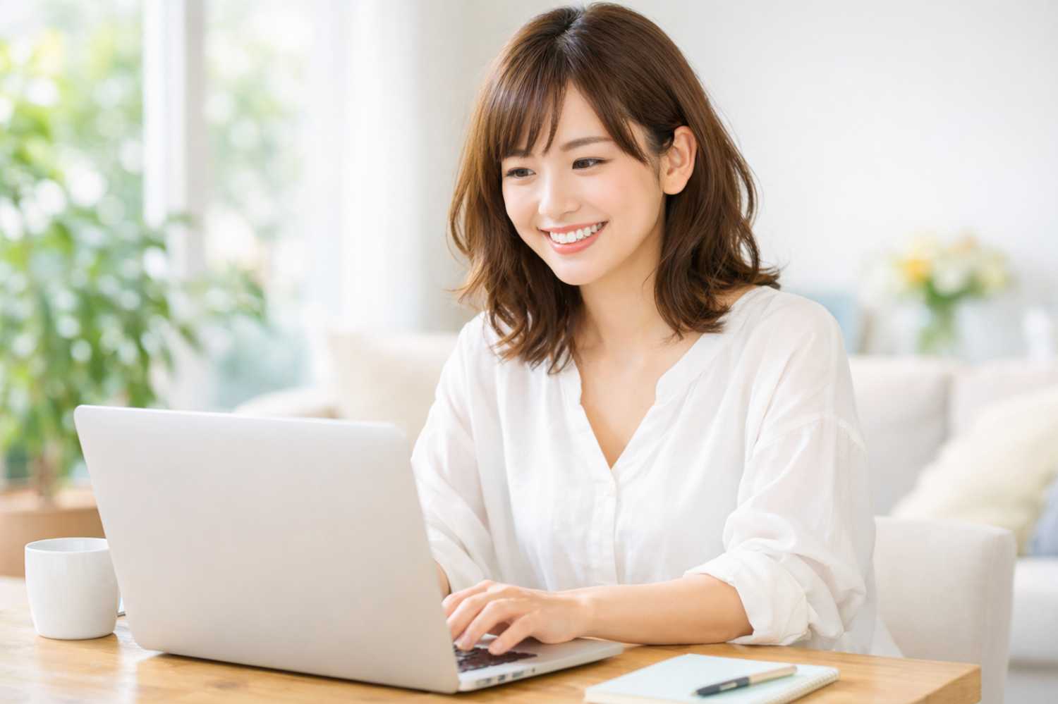 Nano Bananaで「パソコンをする20代の日本人女性。明るいイメージ。」というプロンプトで出力した画像イメージ