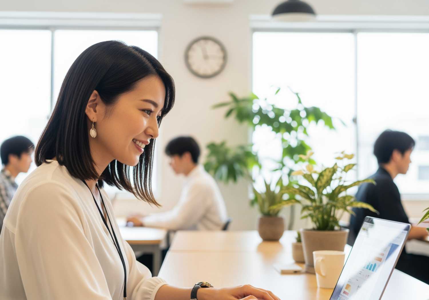 Imagen 4で「パソコンをする20代の日本人女性。明るいイメージ。」というプロンプトで出力した画像イメージ