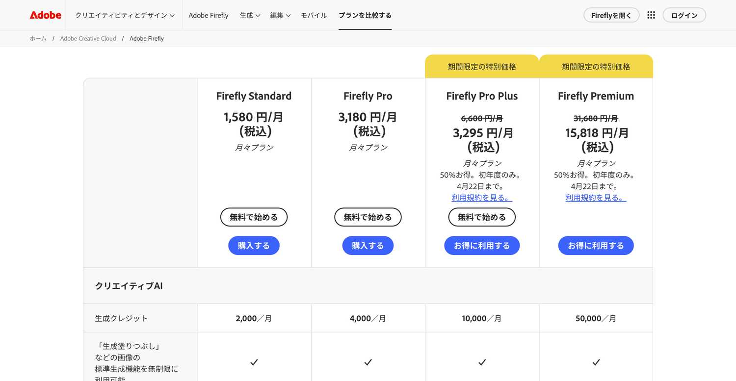 Fireflyの料金プラン一覧画面